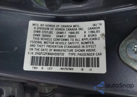 2016 Honda Civic Ex from USA, damaged, VIN 2HGFC2F84GH559732